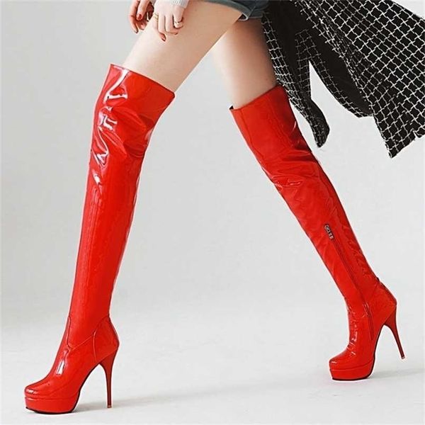 

fashion thigh high boots women platform autumn winter over knee heels red white fetish shoes woman plus size 48 211217, Black