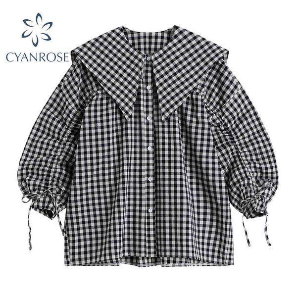 

oversized plaid cardigan shirts blouses women puff long sleeve lace up sailor collar preppy style rok casual retro blusas 210417, White