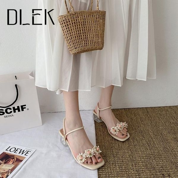 

sandals dlek lady shoes summer chunky heel flowers slip on elegant shallow casual clear heels rome style women sandal, Black
