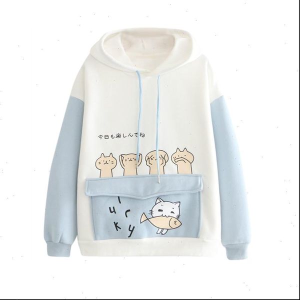 

womens hoodies harajuku cartoon cat fish cotton velvet hooded with ears on hood pullovers pocket, Black