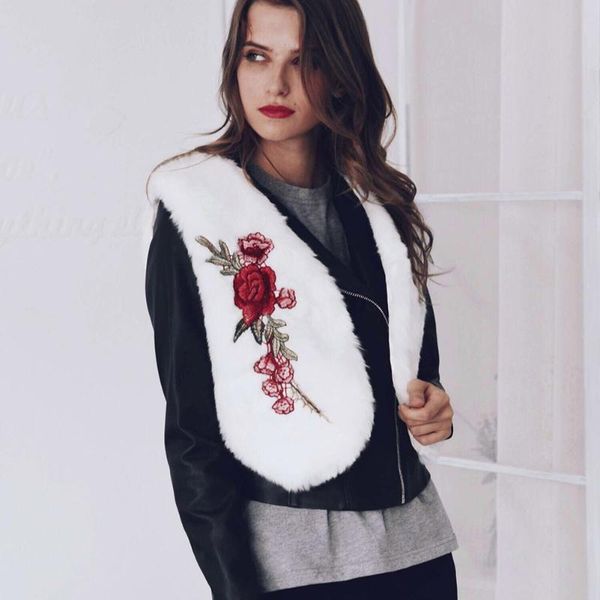 

women's vests fashion women faux fur short vest winter warm sleeveless embroidery rose coat outwear vestsh8, Black;white