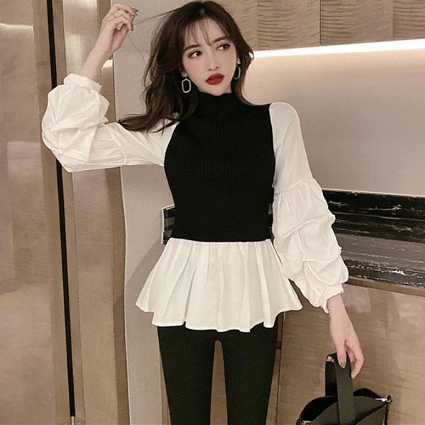 

2002 womens shirt summer spring stand collar blouses split joint knitting puff sleeve pleated korean fashion women tm1466, White