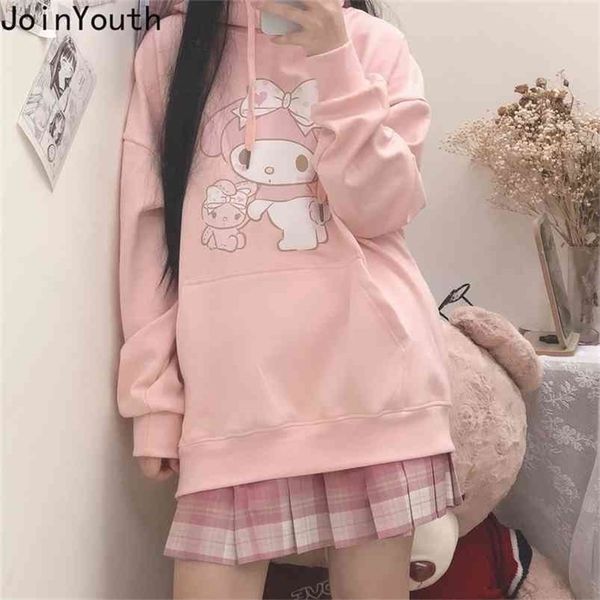 

joinyouth harajuku kawaii sweatshirt hoodie women lolita streetwear white pink loose fleece hooded pullover cute clothes 210809, Black