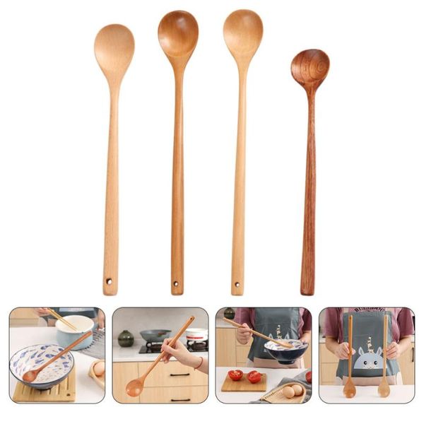 

spoons 4pcs wooden long handle soup honey stirring (assorted color)