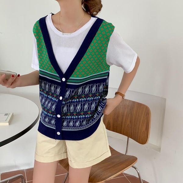 

women's vests retro diamond-shaped female stitching fake two-piece cardigan knitted vest with short sleeves, Black;white