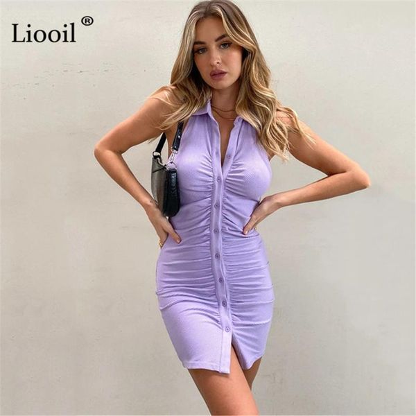 

liooil black white backless ruched mini dress women summer streetwear sleeveless turndown collar button up bodycon dresses casual, Black;gray