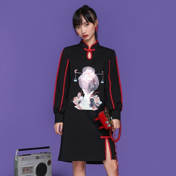 

black chinese dress qipao long sleeve mandarin collar chinese lingerie cheongsam short vestidos gothic oriental dress 11426, Red