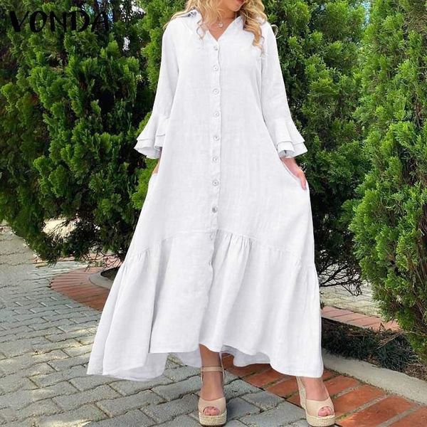 

casual dresses women dress 2021 vonda solid shirt femme loose flare sleeve maxi sundress oversize bohemian party vestidos, Black;gray