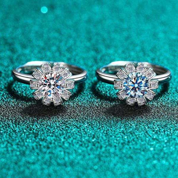 

inbeaut arrival 925 silver excellent cut pass diamond test 1 ct blue moissanite sunflower ring d color rings gift cluster, Golden;silver