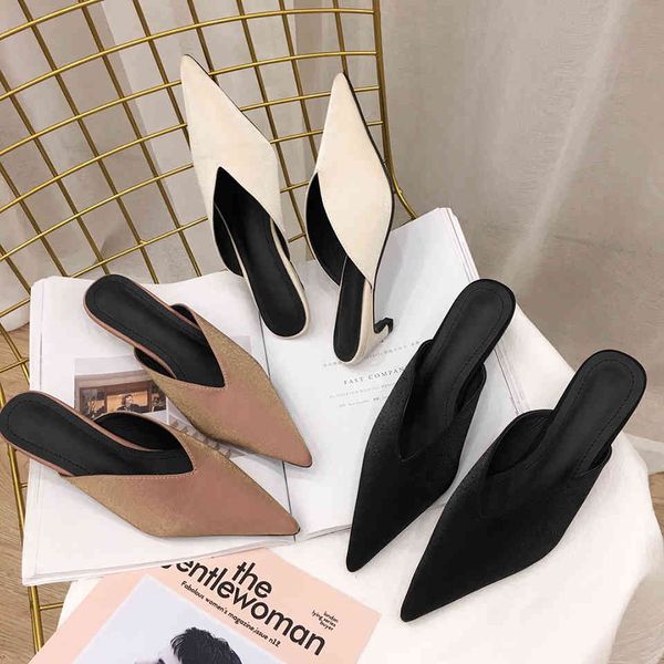 

slippers fashion satin cover toe summer pointed outside slides low heels mule shoes sandals elegant thin 279n, Black