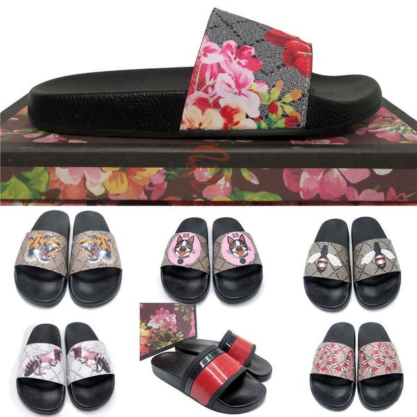 

women slipper fashion designers flat slides flip flops luxurys platform rubber mens slippers striped brocade floral embroidery sandals outdo, Black