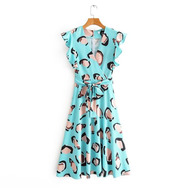 

women fashion pleated ruffles leopard printing midi dress ladies v neck bow sashes vestidos chic vacation style dresses ds3452 210419, Black;gray
