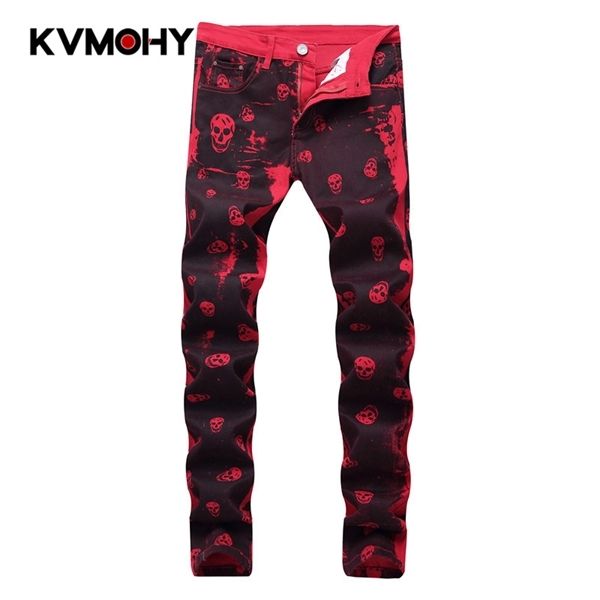 

jeans men quality brand casual denim pants straight slim fit red skeleton printing male trousers hip hop mens skinny jeans x0621, Blue