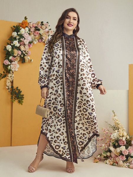 

plus leopard print curved hem buttoned front dress e121#, Black