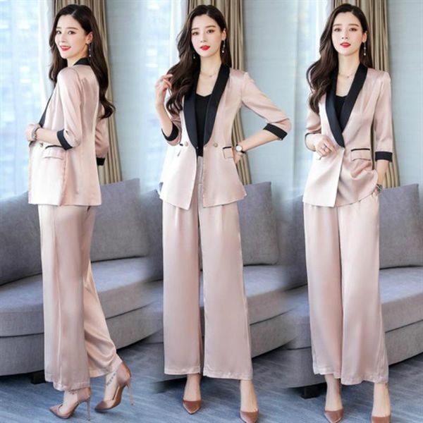 

office lady half sleeve double breasted blazer with pant suits for women slim fit pants elegant woman women's two piece, White