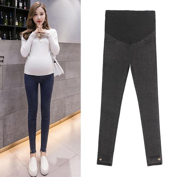 

maternity pregnancy skinny trousers jeans over the pants elastic casual pockets slim women fashion thin bottoms, White