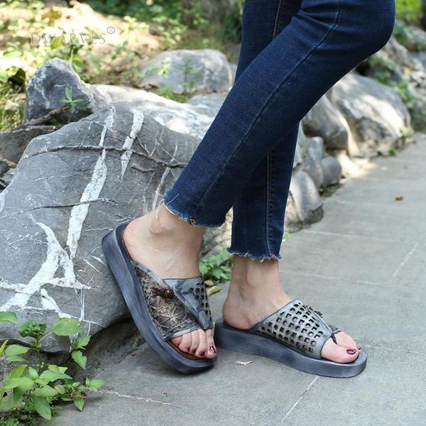 

slippers womens handmade retro leather clip toe female flip flops lady casual slides grey/coffee, Black
