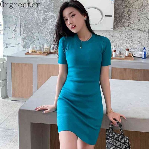 

summer solid o-neck short sleeve all-macthing knitted dress for women fall stretch bodycon mini bottoming sweater 210525, Black;gray