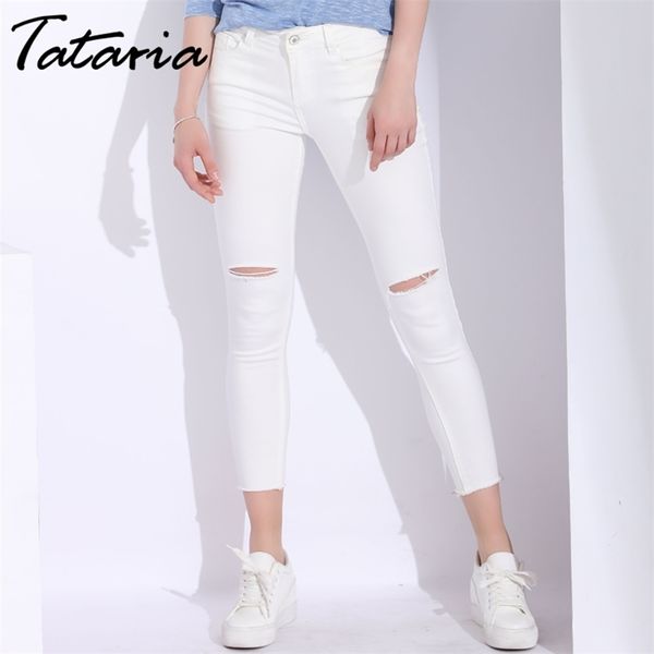 1White Skinny Jeans Kadın Delikli Ince Kalem Denim Pantolon Kadınlar Için Yırtık Yüksek Bel Streç Capris Bayanlar Jean Femme 210514