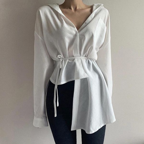 

women's blouses & shirts long-sleeved shirt spring summer solid sashes irregular slim woman tee female blouse pl044, White
