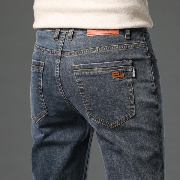 

denim pants man 2021 heavyweight jeans mid waist men's slim straight daily casual pencil brand tide male clothing, Blue