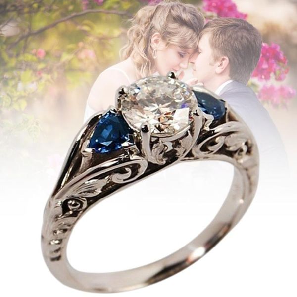 925 Prata Branca Azul Imitação de Sapphire Ring Proposta de casamento Jóias de noivado LXH