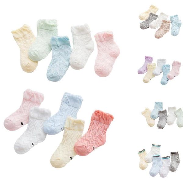 

socks 5pairs baby kids candy color flower wave rhombus thin summer cotton ankle, Pink;yellow