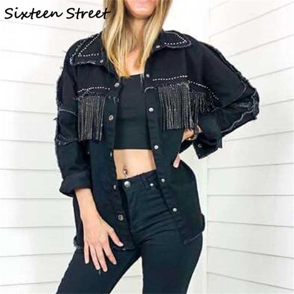 Boho preto franja guarnição jaqueta denim para mulheres mangas compridas botão borla rua casaco primavera verão outwear fêmea 210603