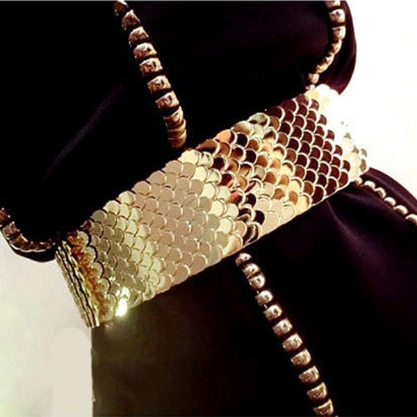 

belts fashion gold fish scale metal elastic belt wide for women party shiny waist waistband, Black;brown
