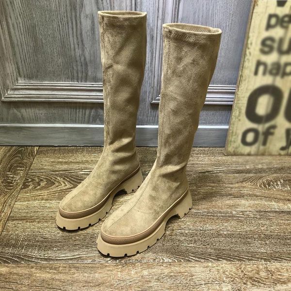 

boots knee high woman flock leather flat heels women booties winter ladies shoes fashion slip on suede botas de mujer, Black
