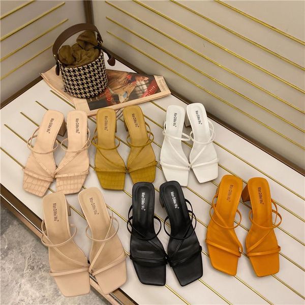 

women summer outdoor sandal high square heel flip flop ladies brand slipper elegant slides shoes slippers, Black
