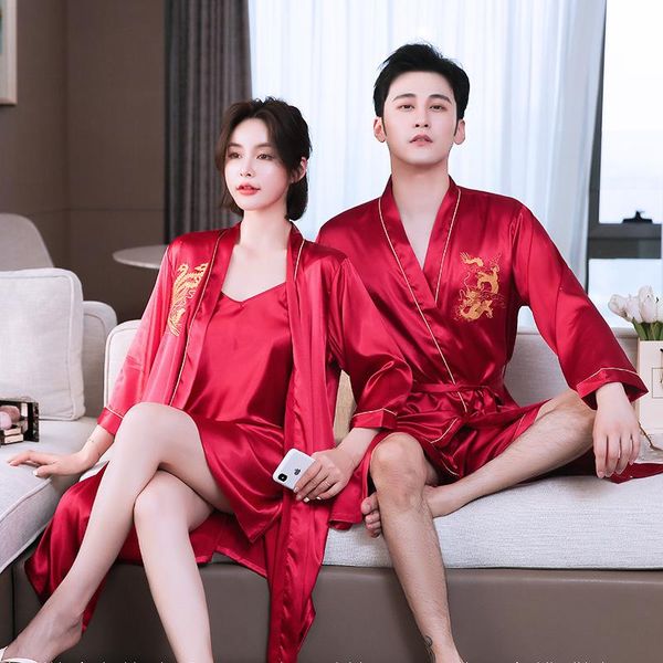 

women's sleepwear lovers wedding robe set 2pcs nightwear chinese style embroidery dragon and phoenix nightgown casual kimono bath gown, Black;red