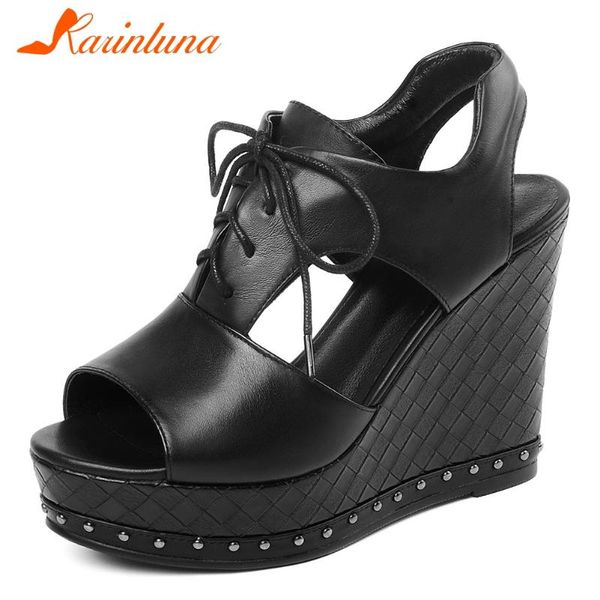 

brand genuine leather ladies party ol sandals fashion rivet platform women wedges high heels shoes woman, Black