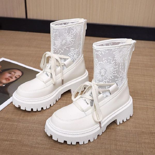 

boots 2021 fashion chunky white lace for women autumn round toe combat black ladies shoes flats