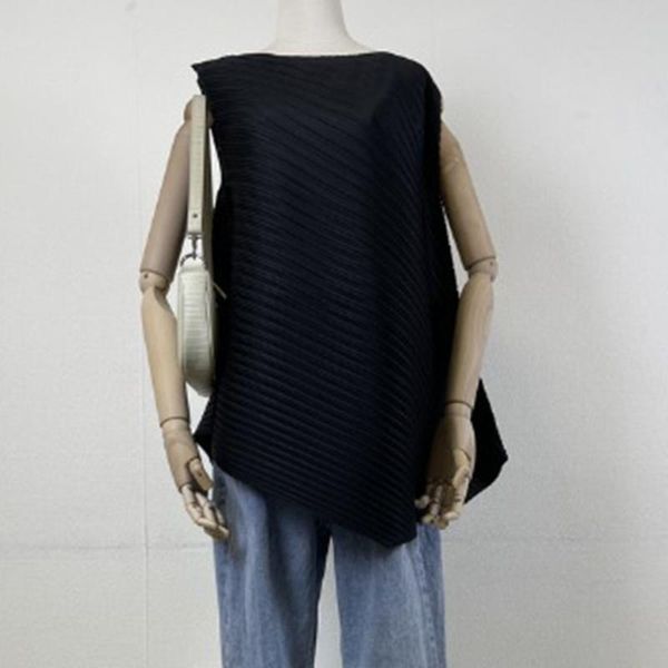 

women's blouses & shirts 2021 japanese style korean fashion temperament summer tank folds irregular solid color hypotenuse round neck s, White