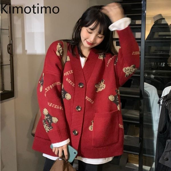 

women's knits & tees kimotimo cute bear cardigan women 2021 autumn loose long sleeve knit sweaters korean lazy age reduction harajuku s, White