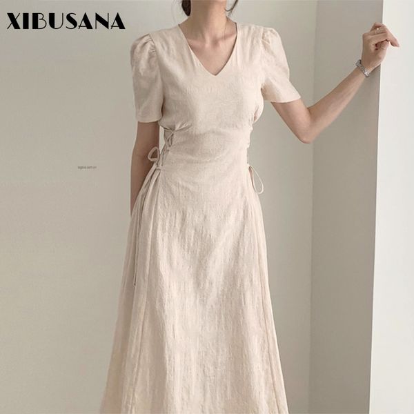 

summer korean chic elegant dresses french pattern v-neck high waist side strap mid-length short sleeved wool dress 210423, Black;gray