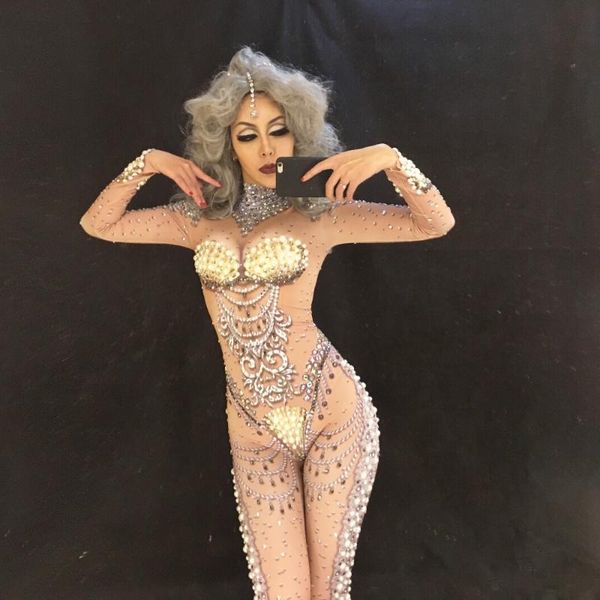 

women's jumpsuits & rompers white queen nightclub stage costume dj singers jumpsuit sparkling crystals bodysuit bling outfit birthday c, Black;white