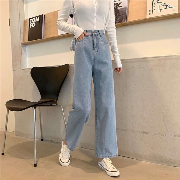 

women's jeans autumn winter 2021 korean version versatile high waisted slim straight tube loose wide leg light color pants fashion yhmy, Blue
