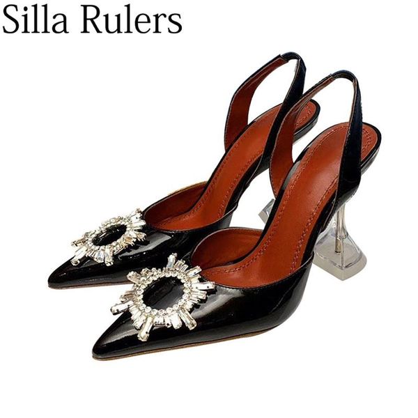 

slippers 2021 summer pointed toe wine glass sandals women patent leather back strap high heels pumps party shoes for woman, Black