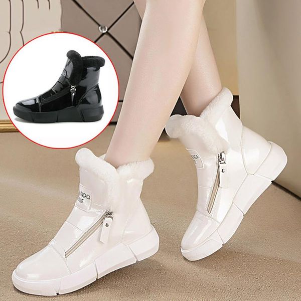 

boots winter women's shoes middle tube flat bottom warm wool snow leisure sports side zipper cotton patent leather, Black
