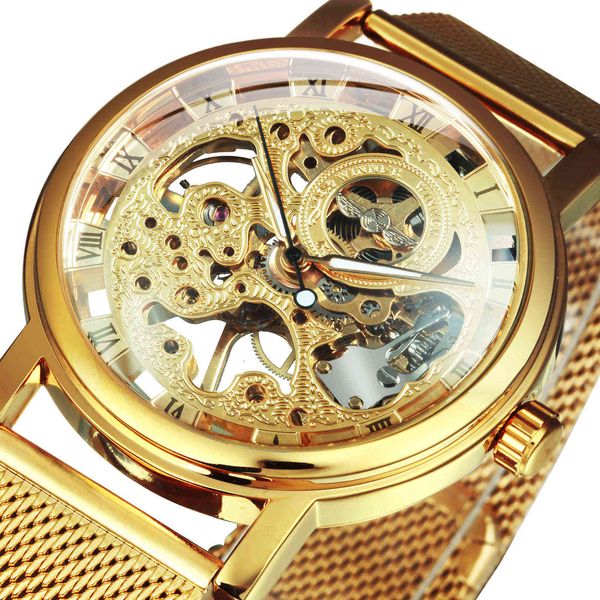 WINNER Mechanische Uhr Männer Ultra Thin Golden Mesh Strap Top Marke Luxus Klassische Carving Skeleton Unisex Armbanduhr 210616