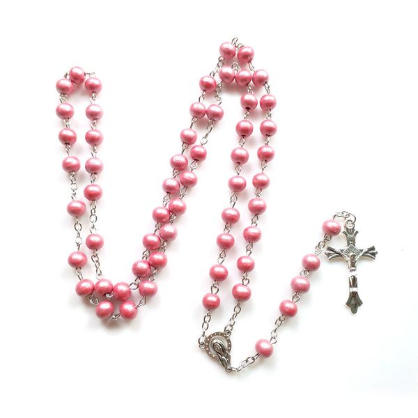 Rosafarbene hölzerne katholische Rosenkranz-Halskette, langer Vintrage-Jesus-Kreuz-Anhänger, religiöser Schmuck