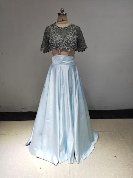 

party dresses o-neck a line half sleeve soluble lace pearls beaded light blue satin custom made two piece suit evening, White;black