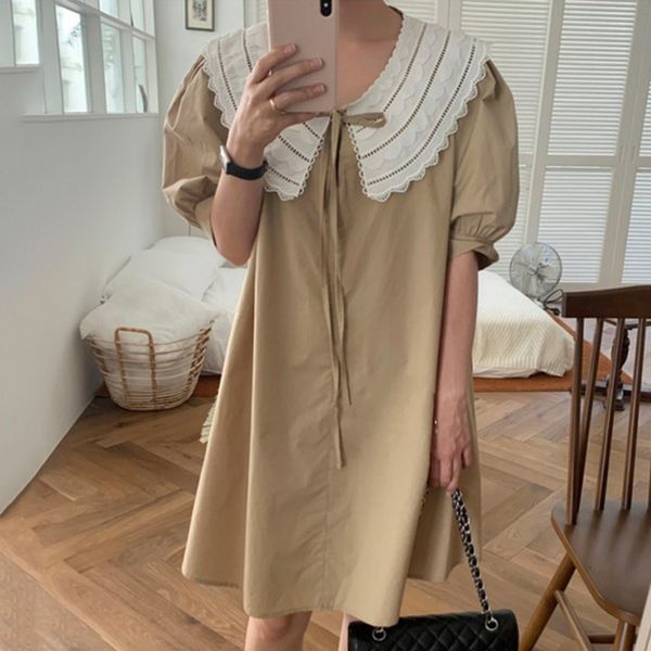 

casual dresses korean version of the summer-style doll collar lace bow loose bubble sleeve small child dress female wmoo, Black;gray