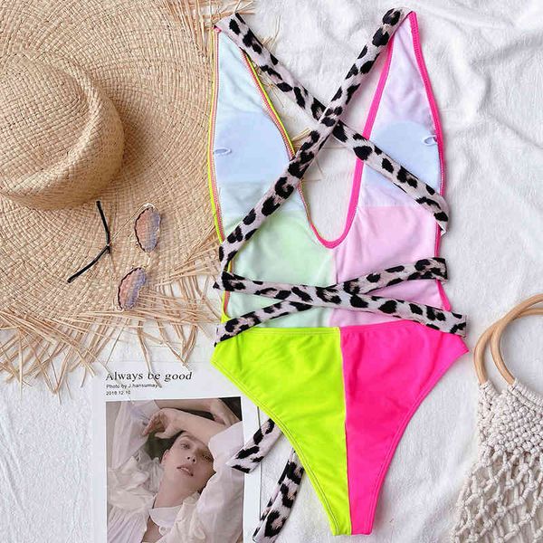 

deep v ne splicing swimsuit women swimwear female wrap around monokini bather leopard bathing suit bodysuitby a