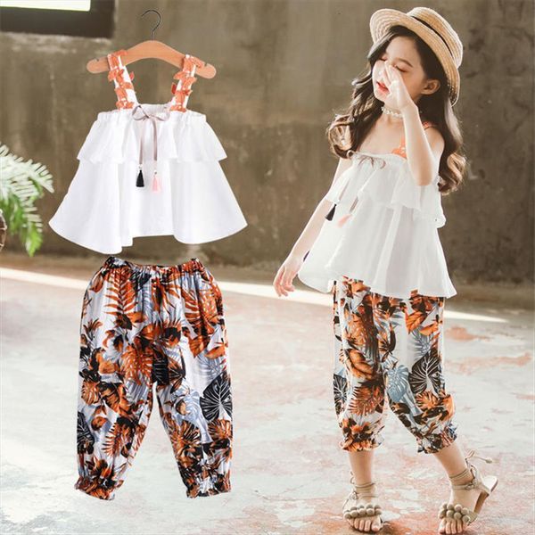 

teenager girl clothes summer kids fashion floral pants two piece set children suit girls outfits 7 8 9 10, White