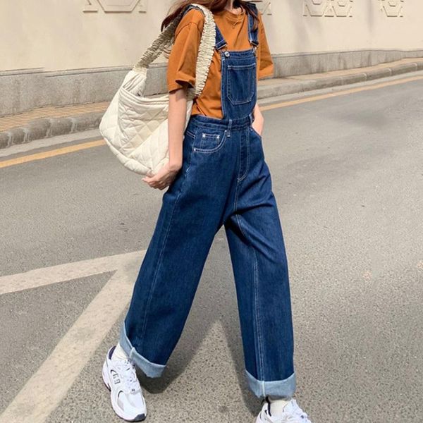 

[ewq] 2021 spring casual korea chic women versatile wide leg pants zipper loose solid color blue overalls denim jeans 8y861 women's & c, Black;white