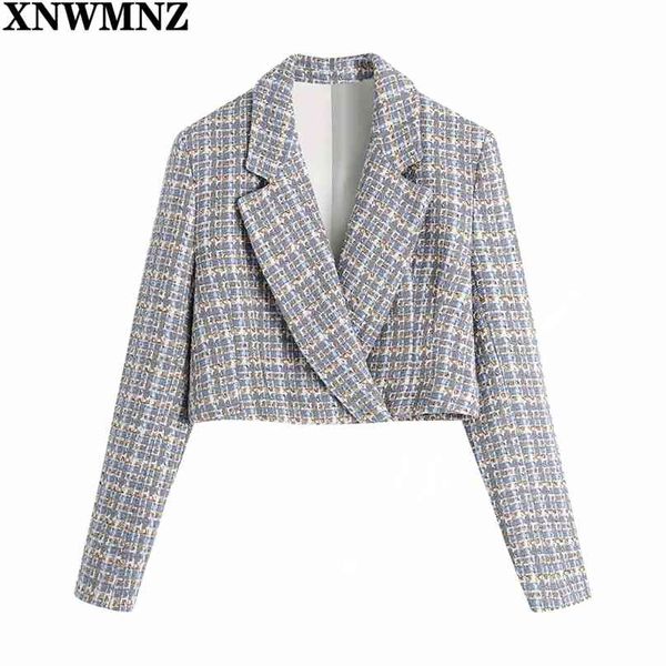 Mulheres Moda Cruzação Preança Cropped Blazer Casaco Vintage Manga Longa Slits Cuffs Feminino Outerwear Chic Vesté Femme 210520