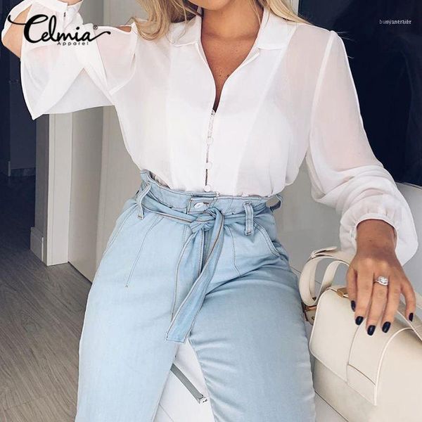 

women's blouses & shirts plus size celmia fashion chiffon blouse women white shirt long sleeve split casual v-neck elegant see-thr